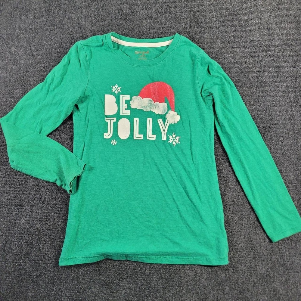 Cat & Jack Girls Green Be Jolly Santa Hat Christmas Long Sleeve Shirt L 10/12